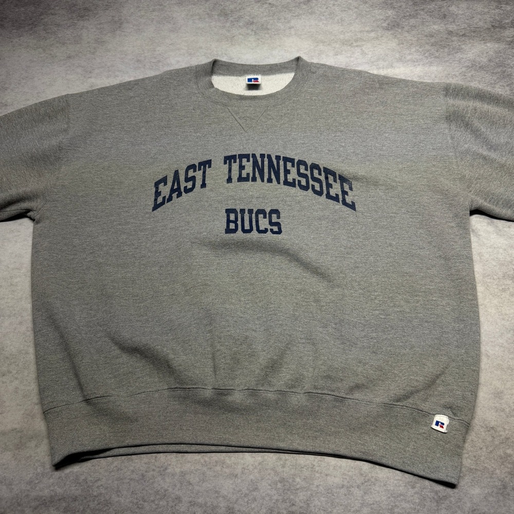 Vintage 90s Russell Athletic East Tennessee Bucs Sweatshirt Gray 3XL Made in USA - Picture 2 of 8